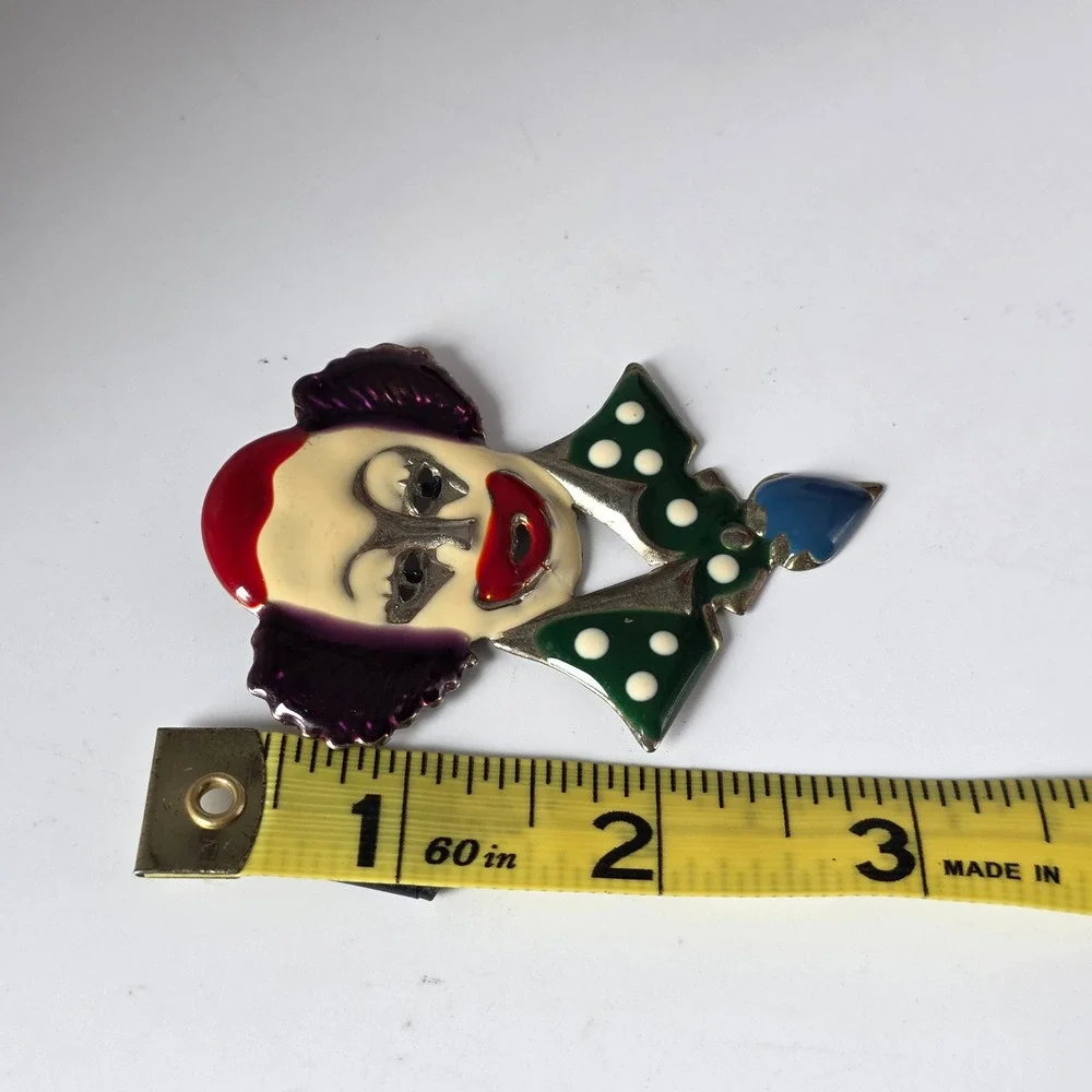 Vintage Style Enamel Clown Brooch Multi-Color Polka Dot Circus Performer Pin